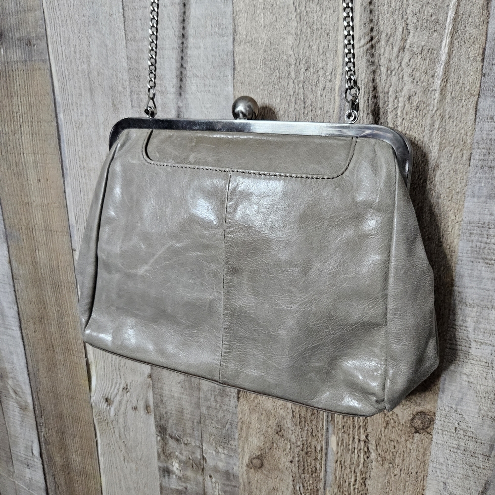 HOBO Taupe Leather Frame-Top Shoulder Bag with Chain Strap